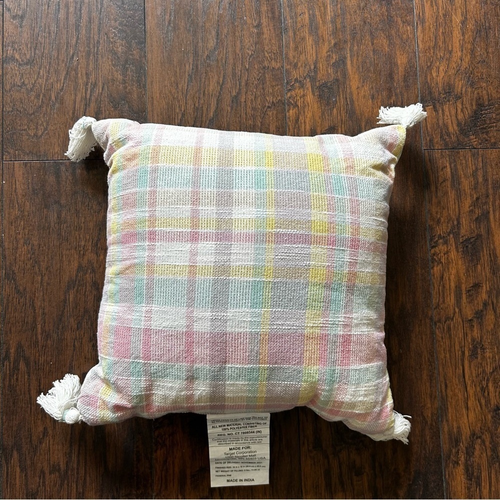 Spritz Pastel Plaid Tassel Accent Pillow - Pink, Yellow, Blue, Cream